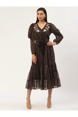 Antheaa Women Black & Pink Floral Printed A-Line Dress