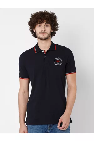 Mufti Men Navy Blue Polo Collar Pure Cotton Slim Fit T-shirt