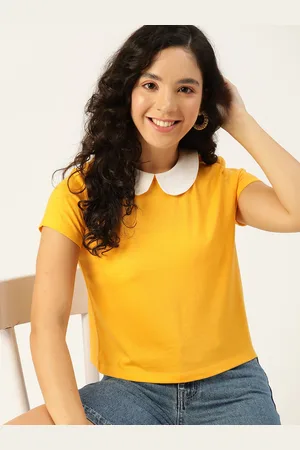 DressBerry Women Mustard Yellow Solid Peter Pan Collar T-shirt