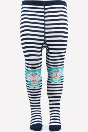 Bonjour Girls Blue & White Striped Doraemon Printed Anti Odour Knitted Tights