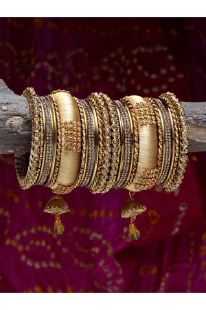 Shining Diva Set Of 18 Gold-Plated & Beige Stone-Studded Antique Bangles