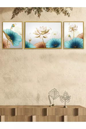 Art Set Of 3 Multicoloured Blooming Lotus Canvas Paintings