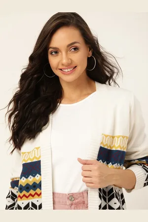 DressBerry Women Off-White & Navy Blue Self Design Open Front Sweater