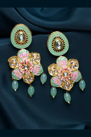 PANASH Women Turquoise & Pink Gold-Plated Kundan Floral Enamelled Drop Earrings