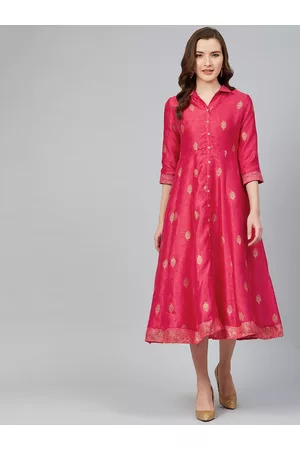 Rangriti Women Pink & Golden Printed Shirt Dress