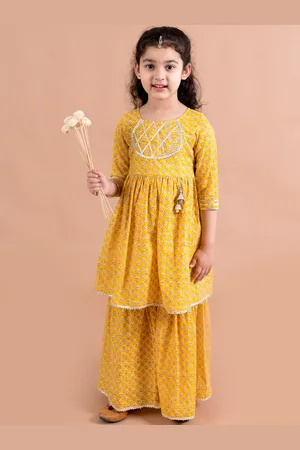 pspeaches Girls Mustard Yellow Floral Printed Pure Cotton Kurta with Sharara