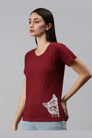 BRATMA Women Maroon Animal Placement Printed Round Neck Regular Sleeves Cotton T-shirt
