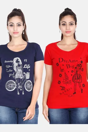 Fleximaa Women Navy Blue & Red Pack Of 2 Printed Cotton T-shirt