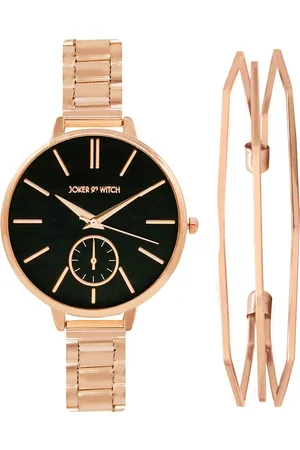 Joker & Witch Women Rose Gold-Toned & Black Watch & Bracelet Gift Set-JWBS359