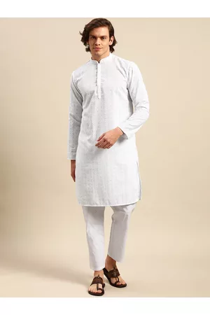 Anouk Men White Ethnic Motifs Embroidered Pure Cotton Kurta with Pyjamas