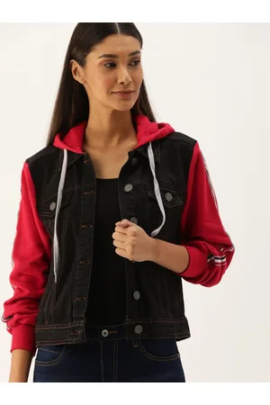 Campus Women Black & Red Colourblocked Windcheater Longline Outdoor Denim Jacket