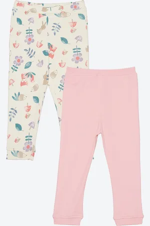 YK Infants Girls Pack of 2 Off-White & Pink Floral Printed Joggers