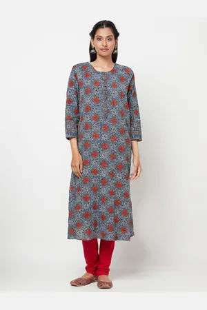 Fabindia Women Navy Blue & Maroon Pure Cotton Ajrakh Print Kurta