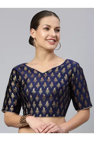 flaher Women Navy Blue & Gold Ethnic Motifs Woven Jacquard Design Blouse with Tie-Ups