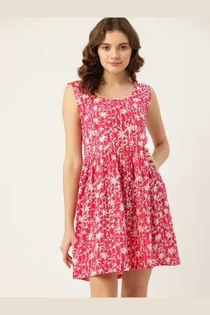 DressBerry Women Pink & White Pure Cotton Floral Print A-Line Dress