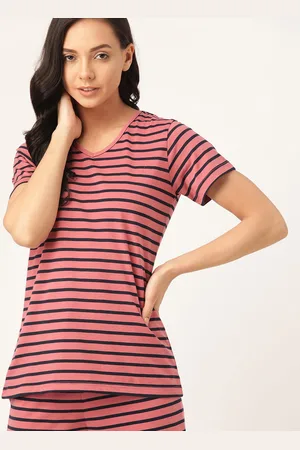 ETC Women Pink & Navy Blue Pure Cotton Striped Lounge T-Shirt