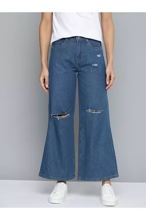 Mast & Harbour Women Navy Blue Wide Leg Slash Knee Stretchable Jeans