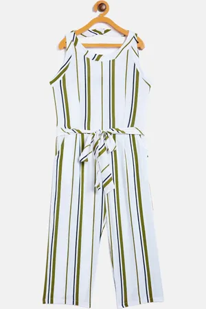 Crimsoune Club Girls Green Striped Basic Jumpsuit