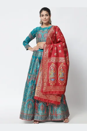 DIVASTRI Women Turquoise Blue & Red Printed Semi-Stitched Lehenga Choli With Dupatta