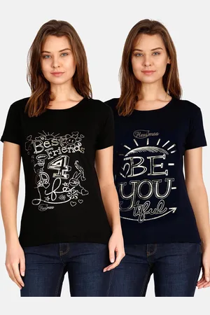 Fleximaa Women Navy Blue & Black Pack Of 2 Printed T-shirt