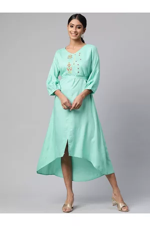 Rangriti Women Turquoise Blue & Yellow Embroidered A-Line Midi Dress with a Belt
