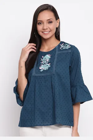 Mayra Women Blue Floral Embroidered Cotton Top