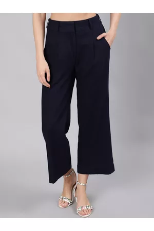 Jaipur Women Navy Blue Flared High-Rise Pleated Trousers