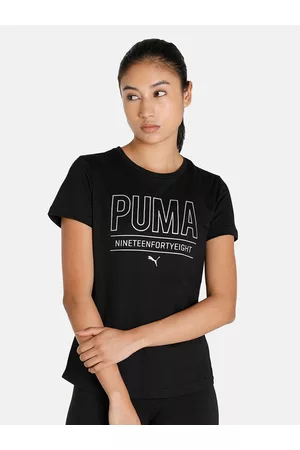 PUMA Women Black Brand Logo Printed Regular Fit Outdoor T-shirt