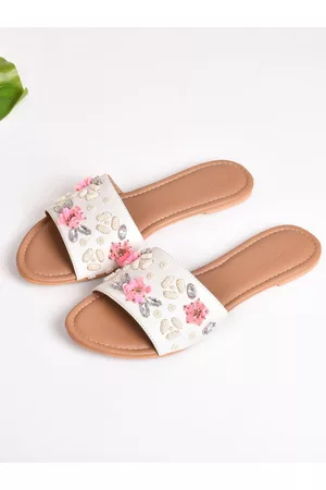 Sole House Women White Woven Design Open Toe Flats With Western Embellishments