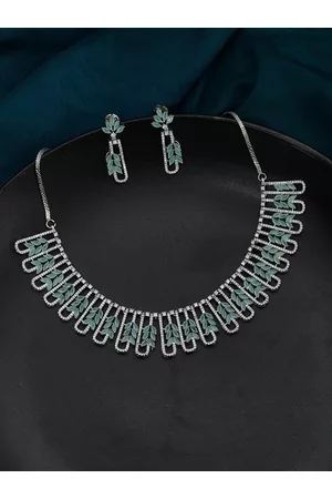 Voylla Women Blue & Silver-Toned & Plated Leaves Motif CZ-Studded Necklace Set