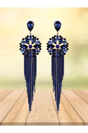 YouBella Women Blue Stone Studded Contemporary Tasseled Drop Earrings