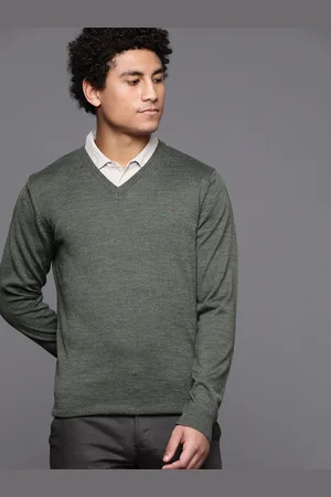 Louis Philippe Men Olive Green Solid V-Neck Pullover