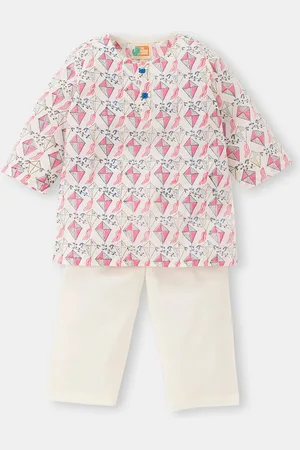 THE BABY LABEL Unisex Kids Pink Printed Pure Cotton Kurta with Pyjamas