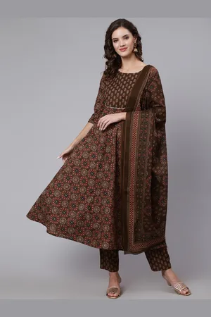 Nayo Women Brown Ethnic Motifs Yoke Design Pure Cotton Kurta with Trousers & With Dupatta