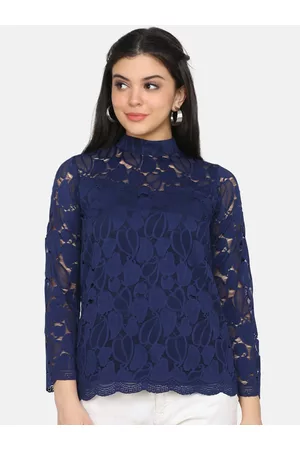 Eavan Women Navy Blue Self Design Lace Top