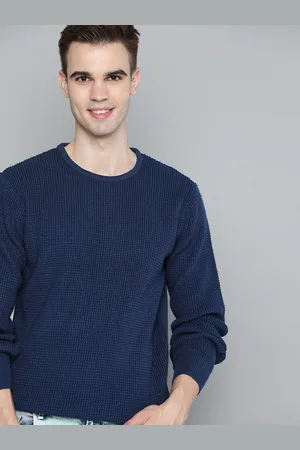 Mast & Harbour Men Navy Blue Solid Pullover Sweater