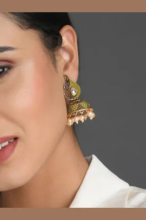 Fida Green & Gold-Toned Contemporary Jhumkas Earrings