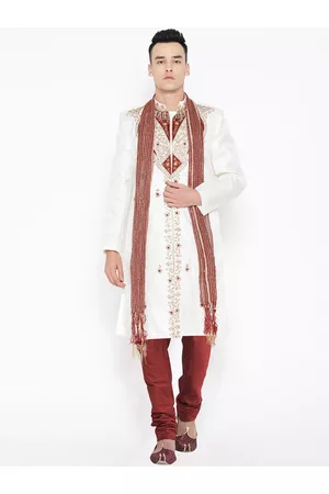 SG LEMAN Men White and Red Embellished Silk Sherwani Set