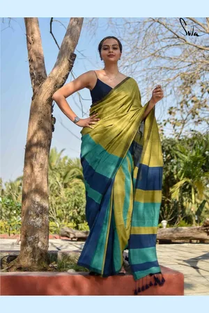 Suta Blue & Green Striped Pure Cotton Saree