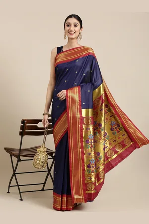 Varkala Silk Sarees Navy Blue & Red Ethnic Motifs Zari Art Silk Paithani Saree