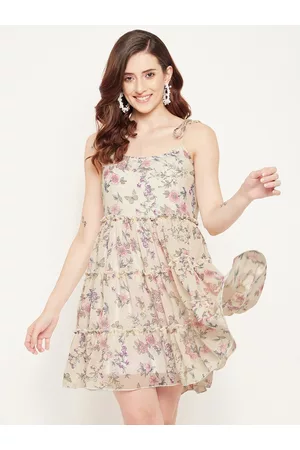 Bitterlime Off White Floral Georgette Mini Dress
