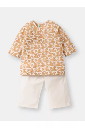 THE BABY LABEL Kurtas - Unisex Kids Brown & White Hand-Block Monkey Print Kurta & Pyjamas