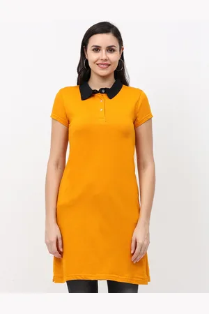 Fleximaa Women Mustard & Black Collar Longline Top