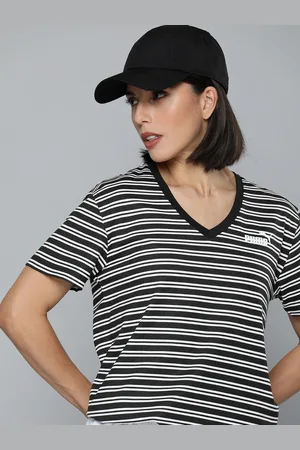 PUMA Women Black Relaxed Fit Essential AOP Striped T-shirt