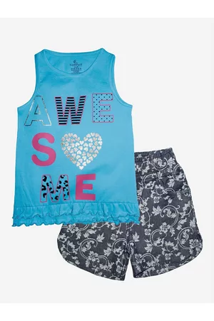 KiddoPanti Girls Blue & Black Awesome Printed Pure Cotton T-shirt With Shorts