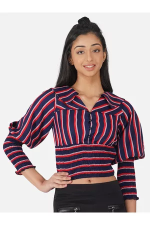 Antheaa Girls Blue & Red Striped Collared Crop Top