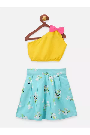LilPicks Girls Yellow & Blue Solid Top with Skirt