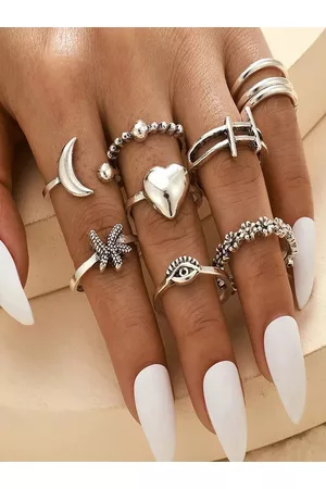 Shining Diva Woman Set Of 9 Silver-Plated Finger Ring