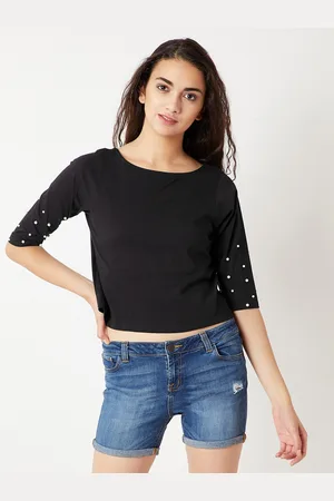 Miss Chase Women Black Embellished Styled Back Crop Top