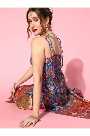 Berrylush Women Blue & Red Floral Printed Floral Kurta